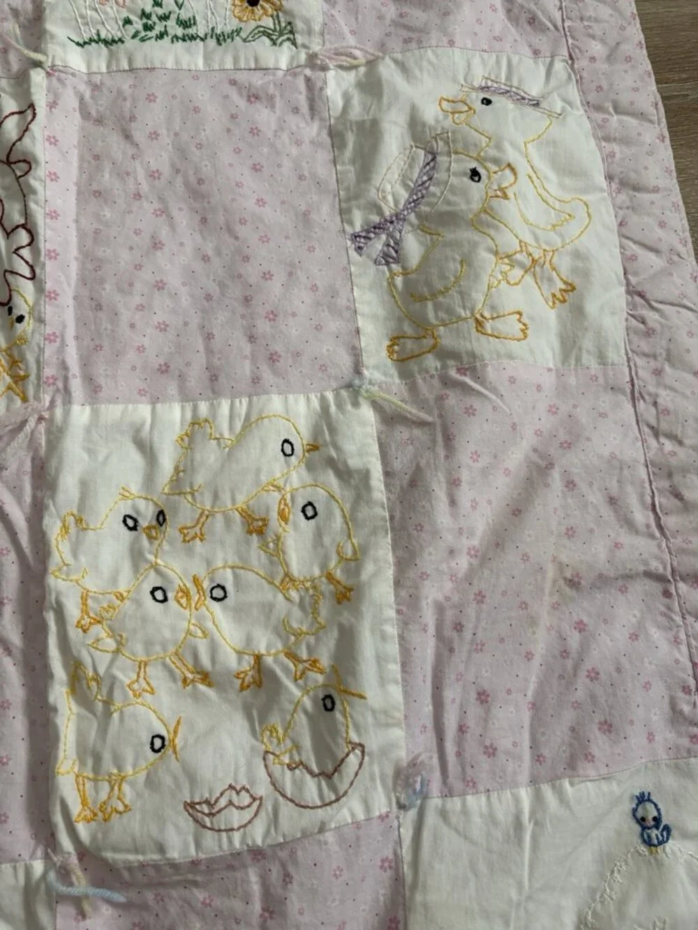 Vintage Handmade Baby Quilt Pink & White Embroidered Animals Flowers